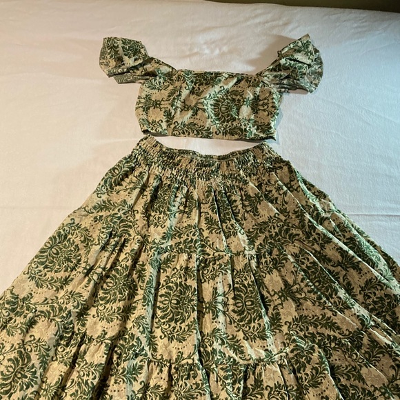 Ethnic Pattern Green and Cream Floral Two-Piece Set - Picture 1 of 5
